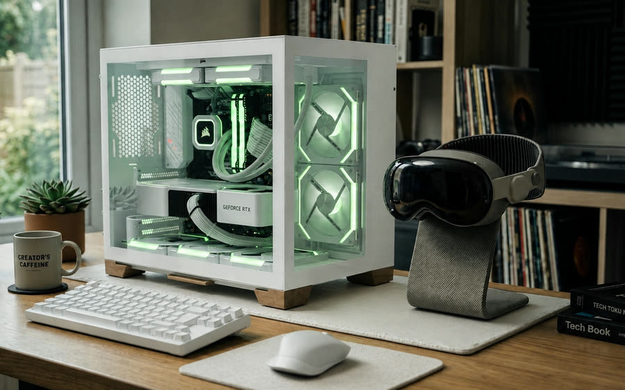 A Windows workstation streaming to an Apple Vision Pro on the same desk